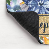 Navyblauw Oranje Bloemmotief Gouden Naam Schrift   Muismat (Hoek)