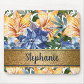 Navyblauw Oranje Bloemmotief Gouden Naam Schrift   Muismat (Voorkant)