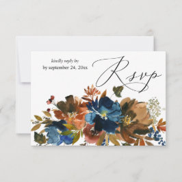 Navyblauw, Oranje Bruine Bloemen met Maaltijd RSVP Kaartje