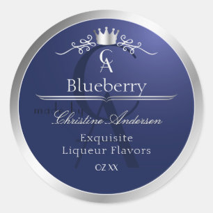 Navyblauw productlabel met zilveren frame monogram ronde sticker