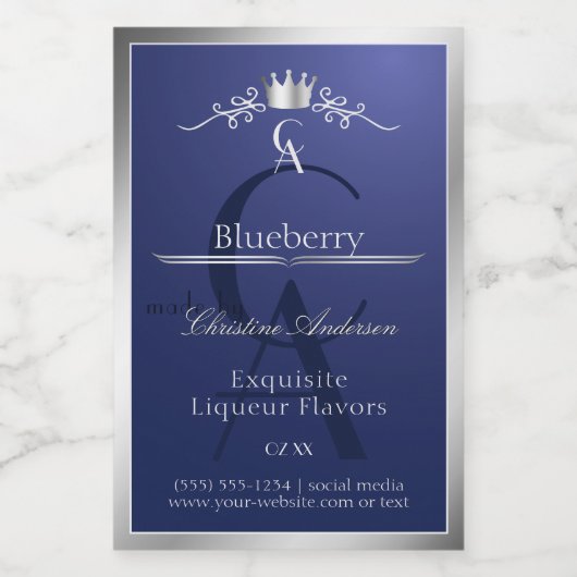 Navyblauw productlabel met zilveren frame-monogram voedselcontainer etiket (Enkel label)