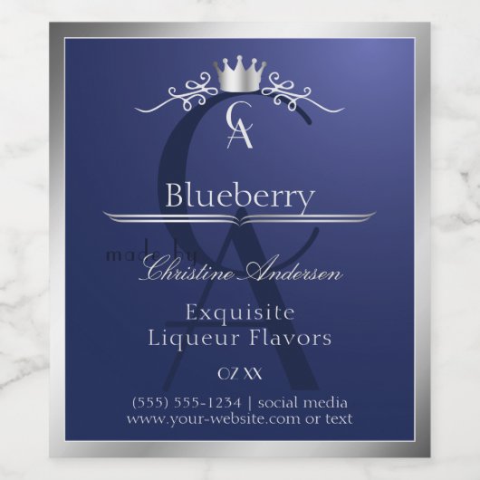 Navyblauw productlabel met zilveren frame-monogram wijn etiket (Enkel label)