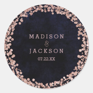Navyblauw & Rose Goud Monogram Huwelijk Ronde Sticker