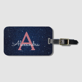 Navyblauw & Roze Gouden Glitter Monogram Bagagelabel