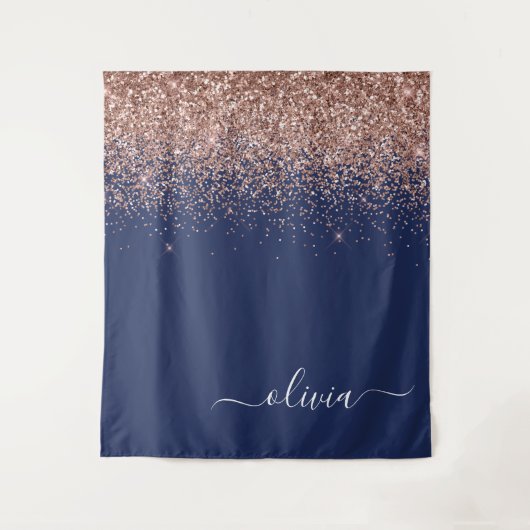 Navyblauw Roze Gouden Roze Glitter Monogram Wandkleed (Voorkant)