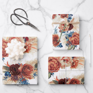 Navyblauw Terracotta Bloemenkruid Pampasgras Botan Inpakpapier Vel