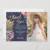 Navyblauw Tropisch Roze Goud Ananas Foto Bedankkaart (Voorkant)