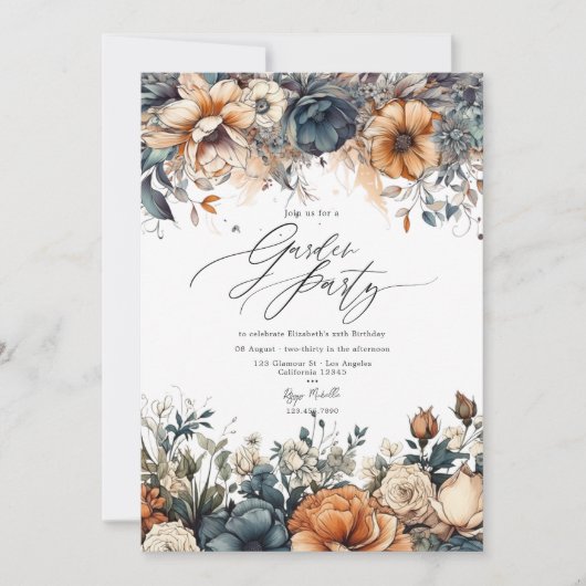 Navyblauw, Verbrand Oranje en Champagne Tuinfeest Kaart (Voorkant)