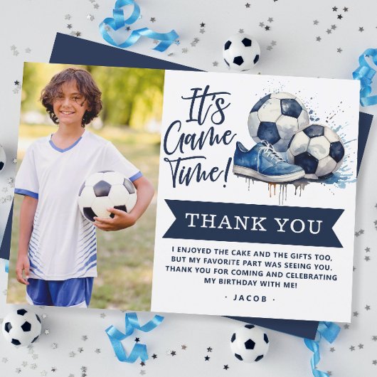 Navyblauw Voetbal Kids Watercolor Foto Bedankkaart