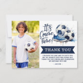 Navyblauw Voetbal Kids Watercolor Foto Bedankkaart (Voorkant)