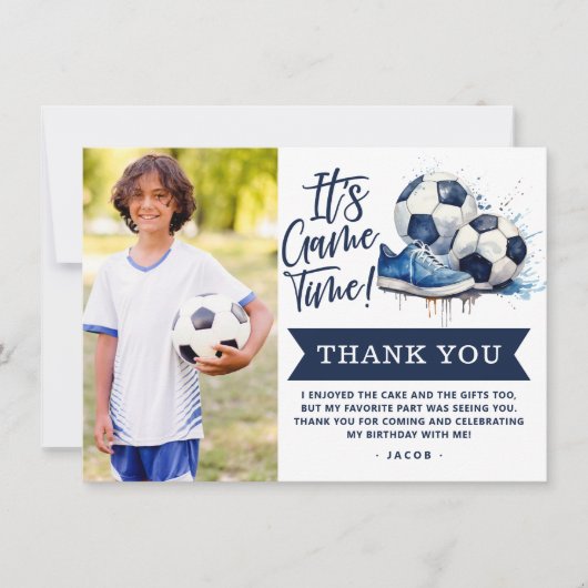 Navyblauw Voetbal Kids Watercolor Foto Bedankkaart (Voorkant)