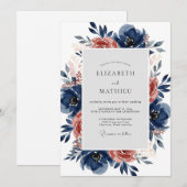 Navyblauw Weelderig Herfstbruiloft Kaart (Voorkant / Achterkant)