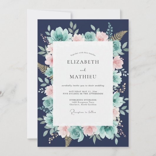 Navyblauw Whimsical Botanisch Huwelijk Kaart (Voorkant)