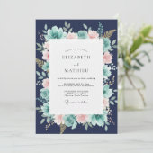 Navyblauw Whimsical Botanisch Huwelijk Kaart (Staand voorkant)
