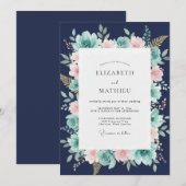 Navyblauw Whimsical Botanisch Huwelijk Kaart (Voorkant / Achterkant)