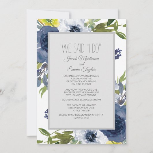 Navyblauw Wit Geel Bloem Bruiloft Elopement Kaart (Voorkant)