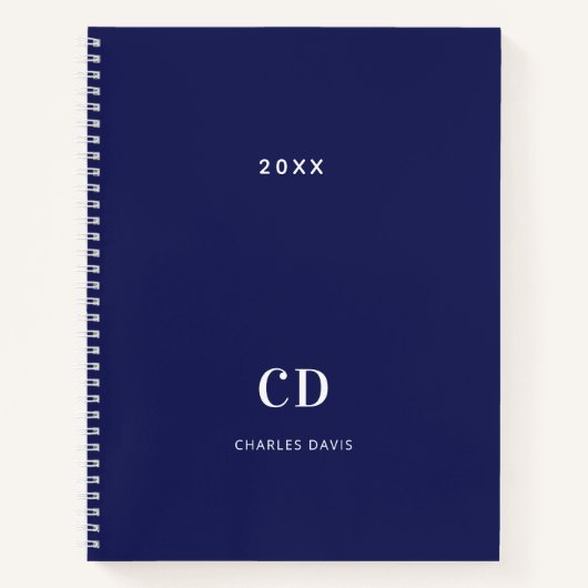 Navyblauw wit monogram naam minimalistisch notitieboek (Voorkant)