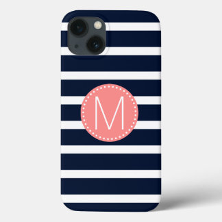 Navyblauw & Wit Streep met Koraal Monogram iPhone 13 Hoesje