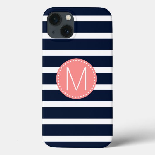 Navyblauw & Wit Streep met Koraal Monogram Case-Mate iPhone Case (Achterkant)