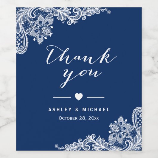 Navyblauw Witte Kant Elegante Trouw Dank Je Wijn Etiket (Enkel label)