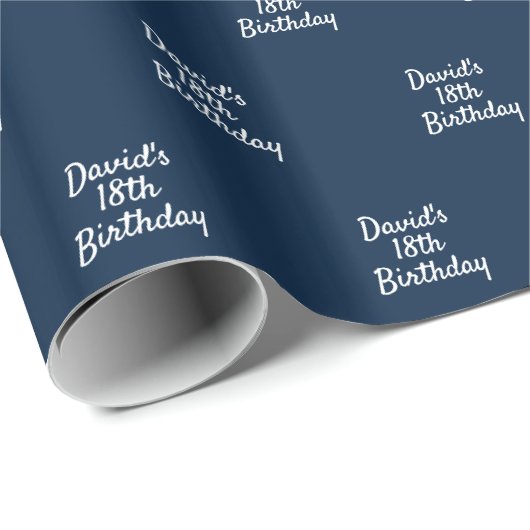 Navyblauw witte naam schrift cadeaupapier (Rol Hoek)