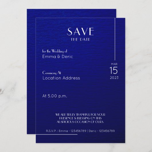 Navyblauw & witte tekst Ruwe textuur Bewaar de dat Kaart (Voorkant / Achterkant)