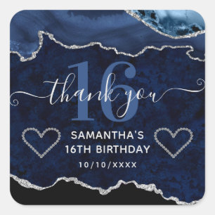 Navyblauw & Zilver Glitter Marmer Agate Sweet 16 Vierkante Sticker