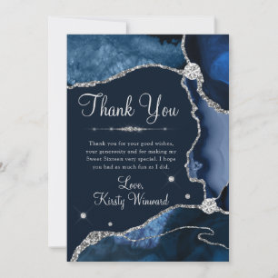 Navyblauw & Zilver Nep Glitter Agate Sweet 16 Bedankkaart