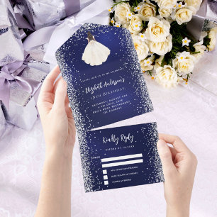 Navyblauw zilveren jurk glitters verjaardag rsvp all in one uitnodiging