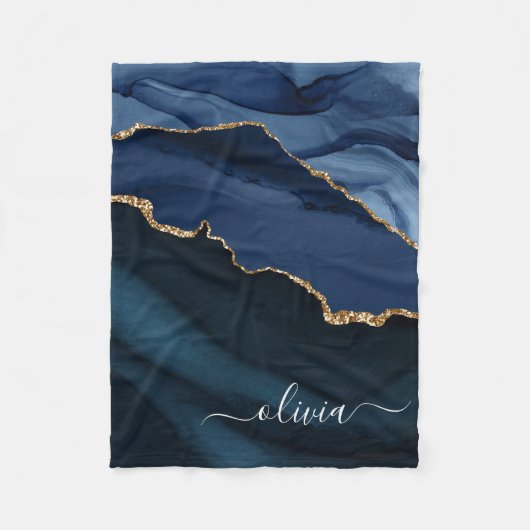 Navyblauwe Agate Geode Gouden Monogram Fleece Deken (Voorkant)