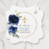 Navyblauwe bloem jongen 1e verjaardag & doop bedankjes labels (Achterkant)