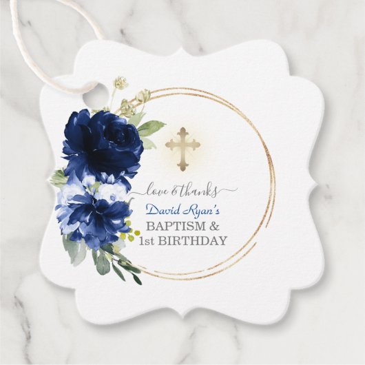 Navyblauwe bloem jongen 1e verjaardag & doop bedankjes labels (Voorkant)