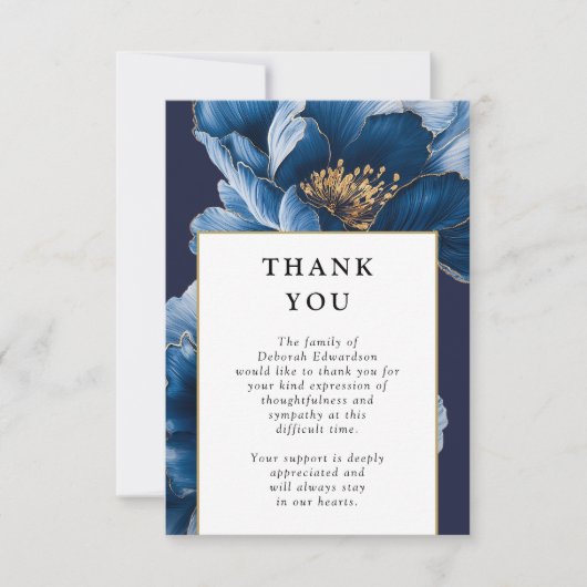Navyblauwe bloemende viering van levensfuneralie bedankkaart (Voorkant)