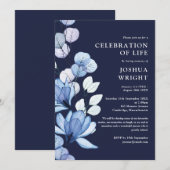 Navyblauwe bloemende viering van levensfuneralie kaart (Voorkant / Achterkant)