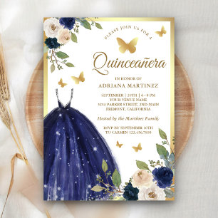 Navyblauwe bloemenjurk vlinder goud Quinceanera Kaart