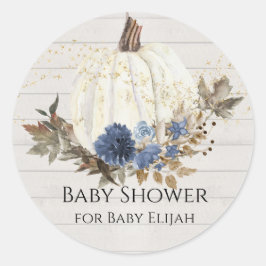 Navyblauwe bloemenklep grijze houten babyshower ronde sticker
