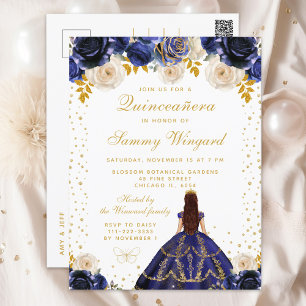 Navyblauwe bloemenkroon Princess Quinceañera Briefkaart