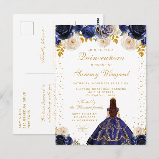 Navyblauwe bloemenkroon Princess Quinceañera Briefkaart (Voorkant / Achterkant)