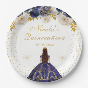 Navyblauwe bloemenkroon Princess Quinceañera Papieren Bordje