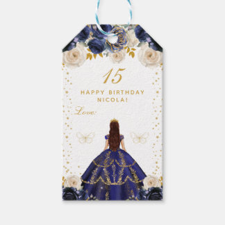 Navyblauwe bloemenkroon prinses gelukkige verjaard cadeaulabel