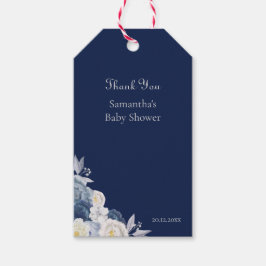 Navyblauwe bloemige babyshower dankjewel cadeaulabel