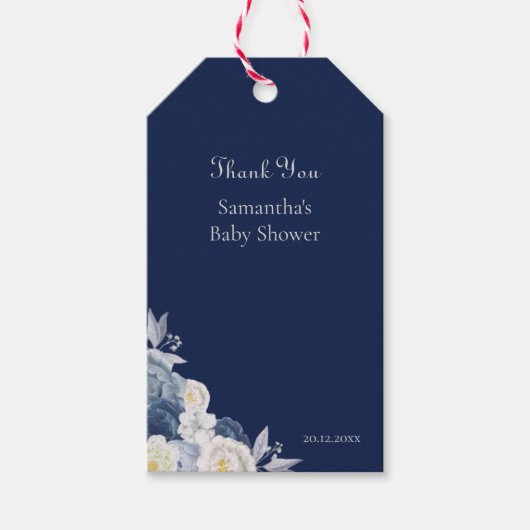 Navyblauwe bloemige babyshower dankjewel cadeaulabel (Voorkant)