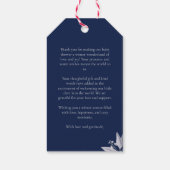 Navyblauwe bloemige babyshower dankjewel cadeaulabel (Achterkant)