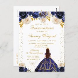 Navyblauwe bloemige Quinceañera-prinses Briefkaart