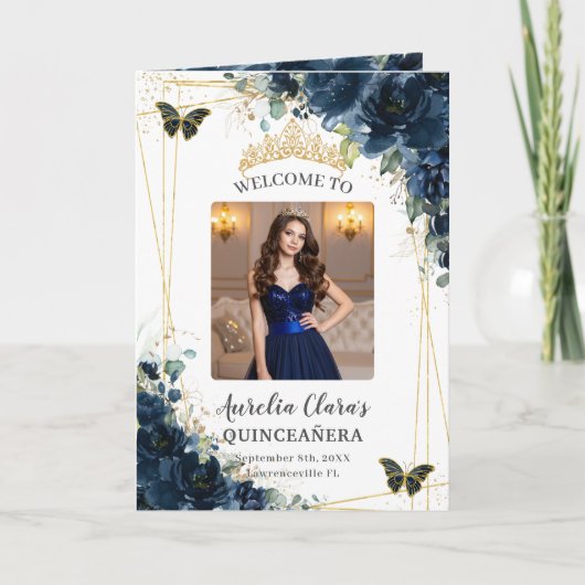 Navyblauwe bloemige Quinceañera volgorde van gebeu Programma (Voorkant)