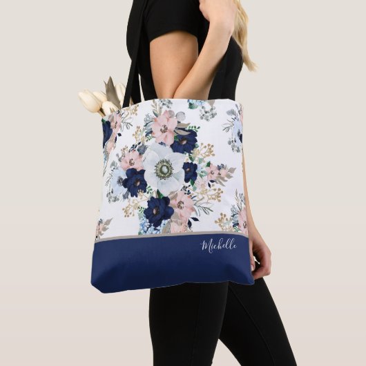 Navyblauwe bloemrozen met naam tote bag (Dichtbij)