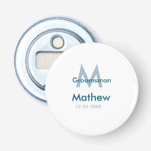 Navyblauwe bruidsjonker naam letter datum mannelij button flesopener