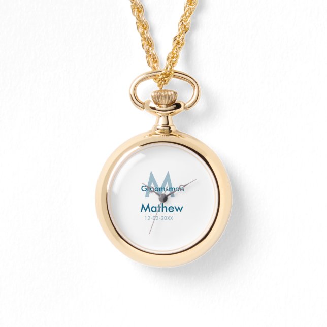 Navyblauwe bruidsjonker naam letter datum mannelij horloge (Voorkant)