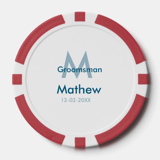 Navyblauwe bruidsjonker naam letter datum mannelij poker chips (Voorkant)
