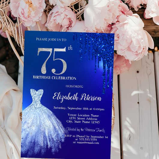 Navyblauwe Glitterdruppels, Jurk Blauw 75e Verjaar Kaart